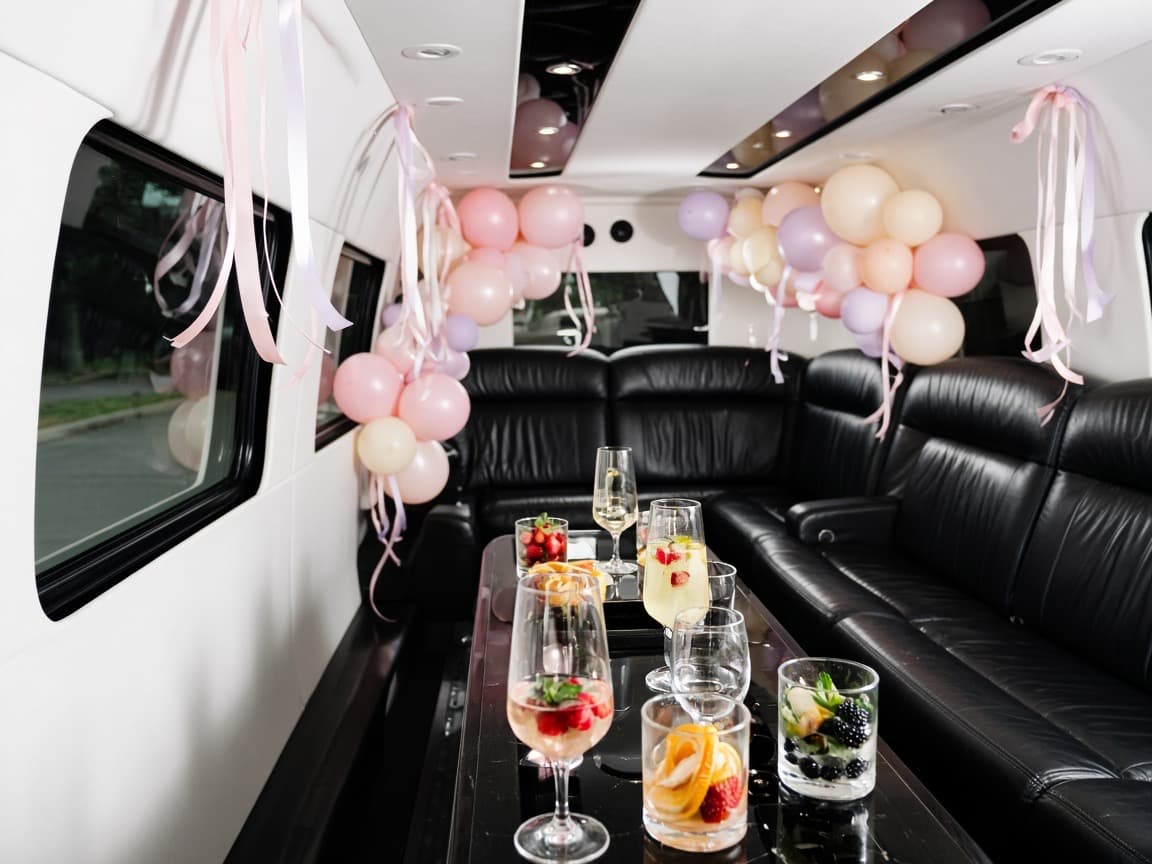 Interior of a party bus with a wide center aisle and cushioned wraparound bench seating