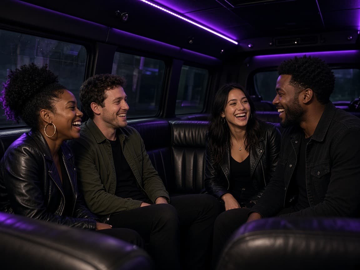 Long bench seating and open dance floor inside a 24 passenger party bus