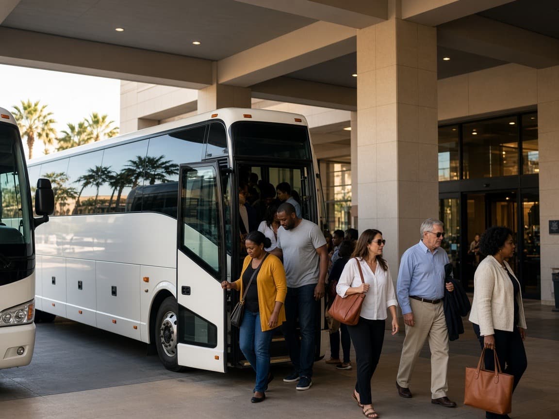 Coach bus waiting at the curb before a long highway run north