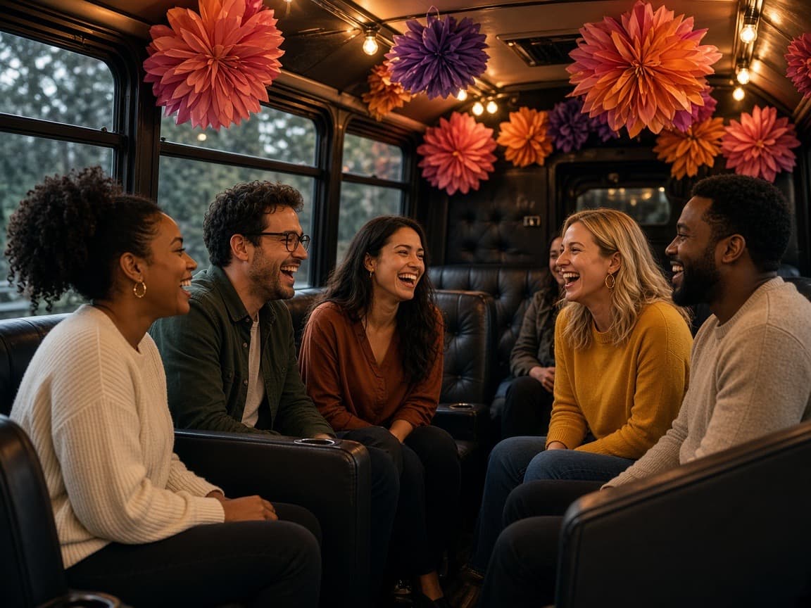 Group of friends sharing dinner at a long restaurant table