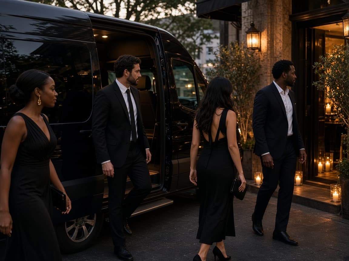 Leather bench seating and a lit bar inside a 10 passenger stretch limousine