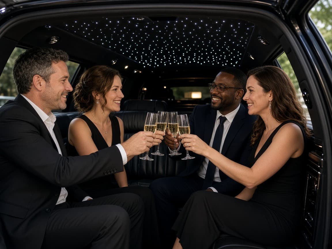 Bench seating and a lit bar inside a 10 passenger stretch limousine