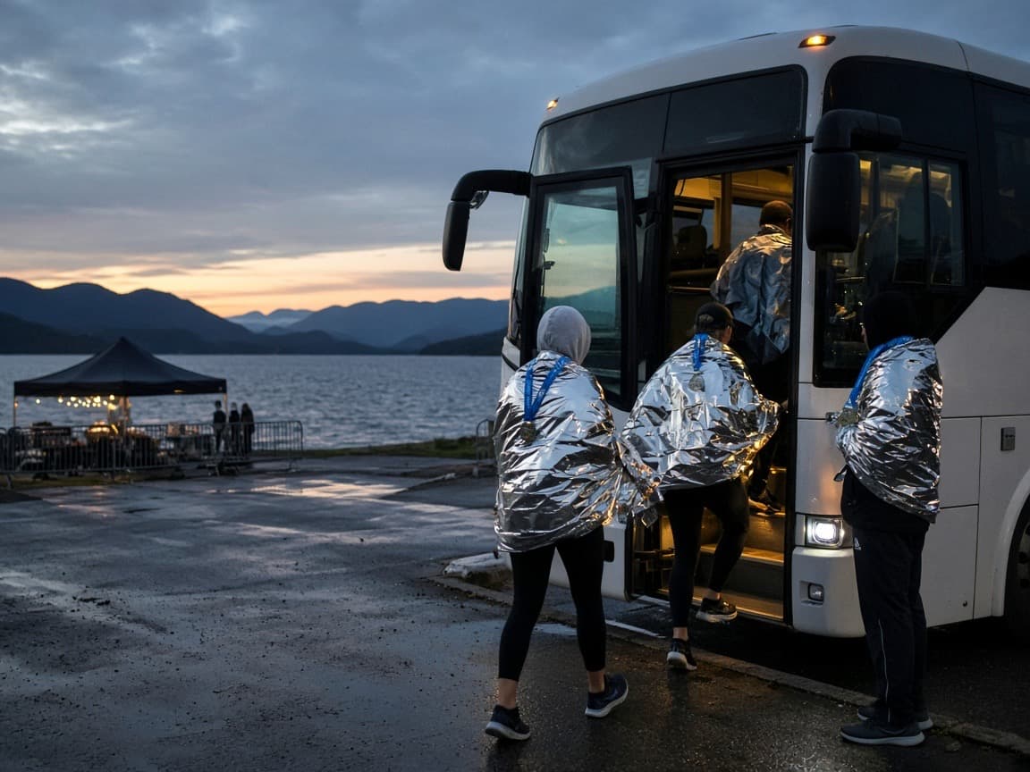 Exterior of a 30 passenger coach bus parked in early morning light