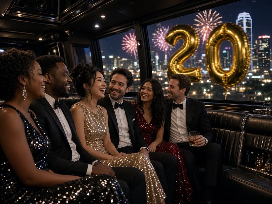 Interior of a 24 passenger party bus with perimeter seating and ceiling lights