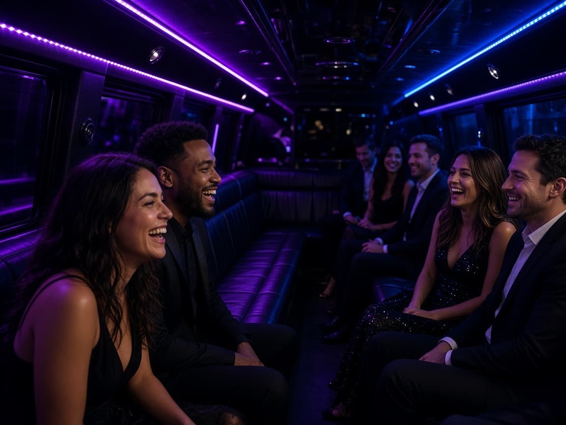 LED ceiling lights and leather seating inside a 22 passenger party bus