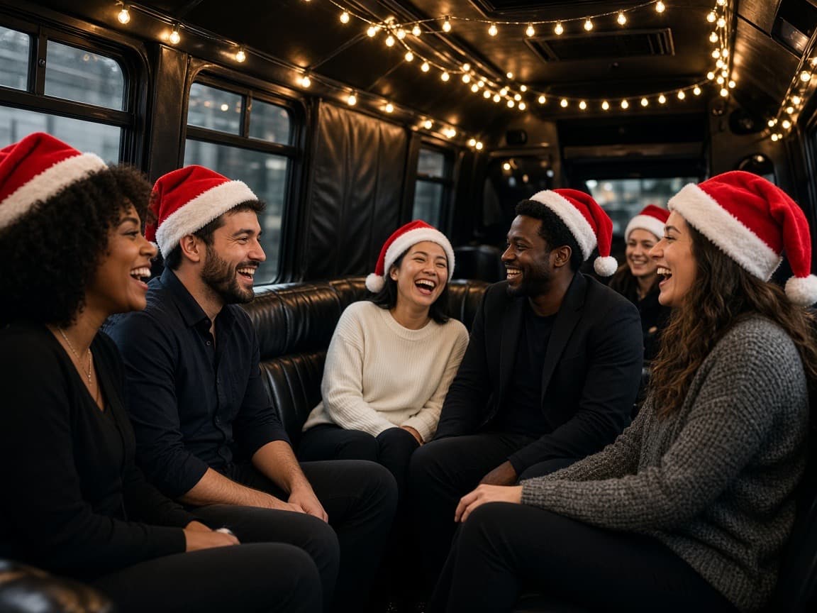 Office team in holiday attire stepping onto a bus outside their building