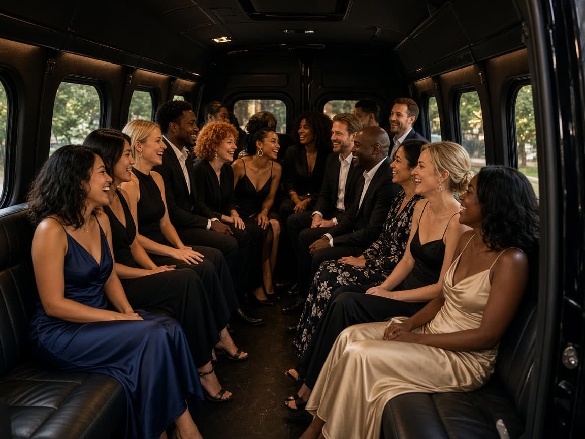 Interior seating of a 24 passenger party bus suited to a wedding party