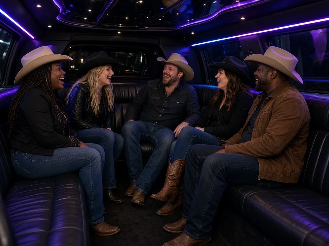 Interior of a 22 passenger party bus with wraparound seats and mood lighting