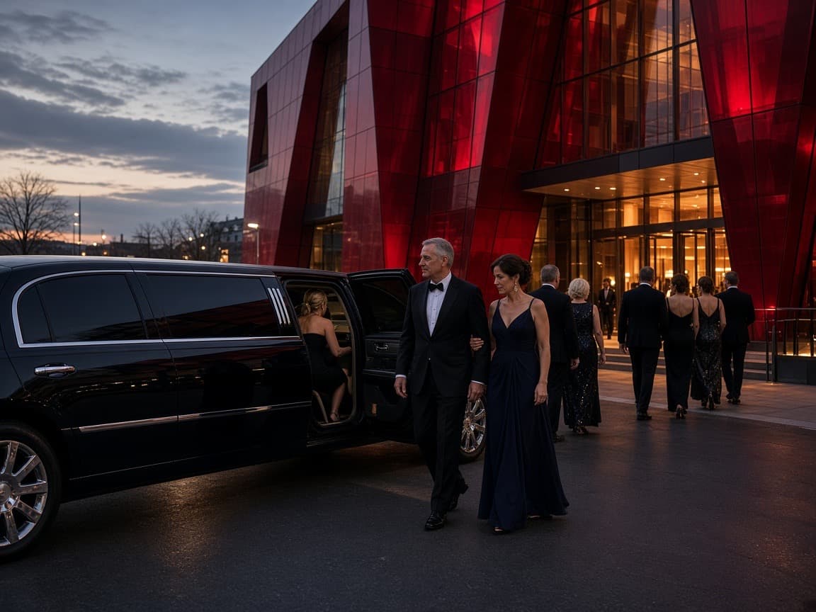 Black stretch limousine waiting at an evening curb outside a theater