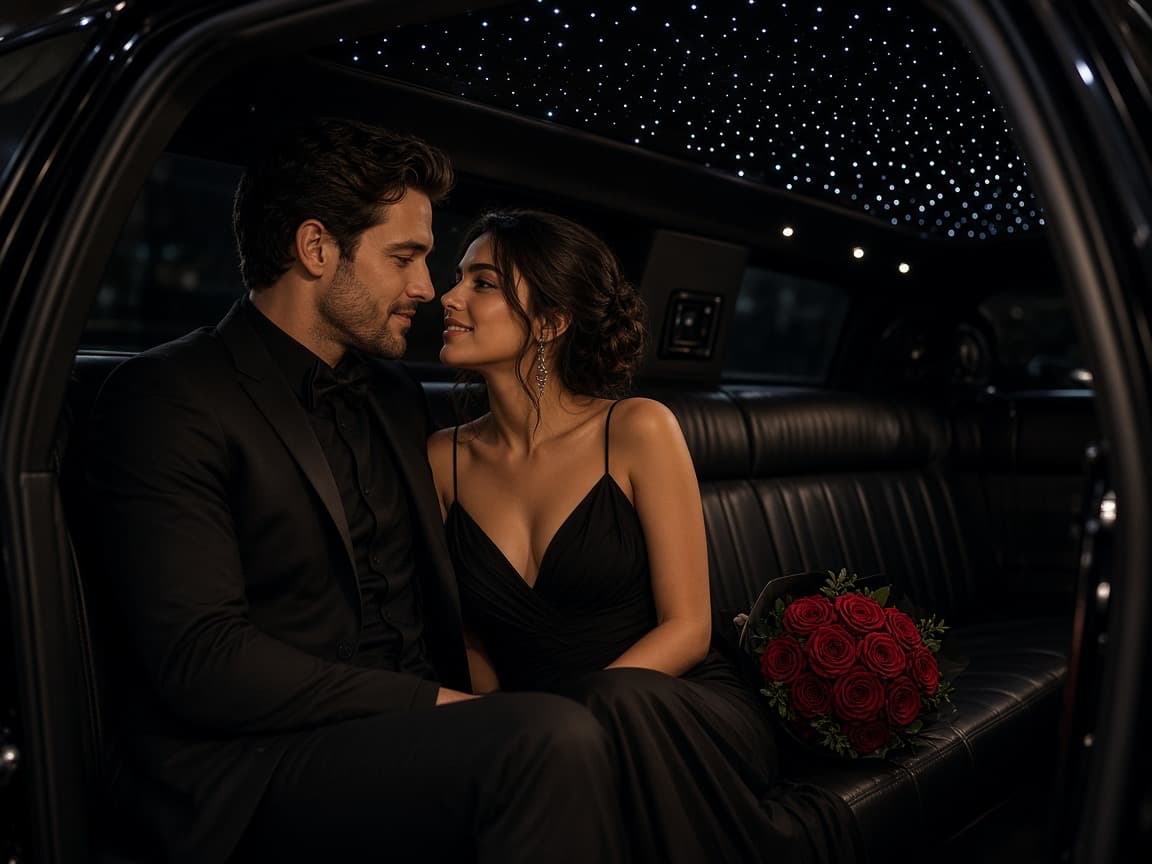 Interior of a stretch limousine with leather bench seating and a lit bar