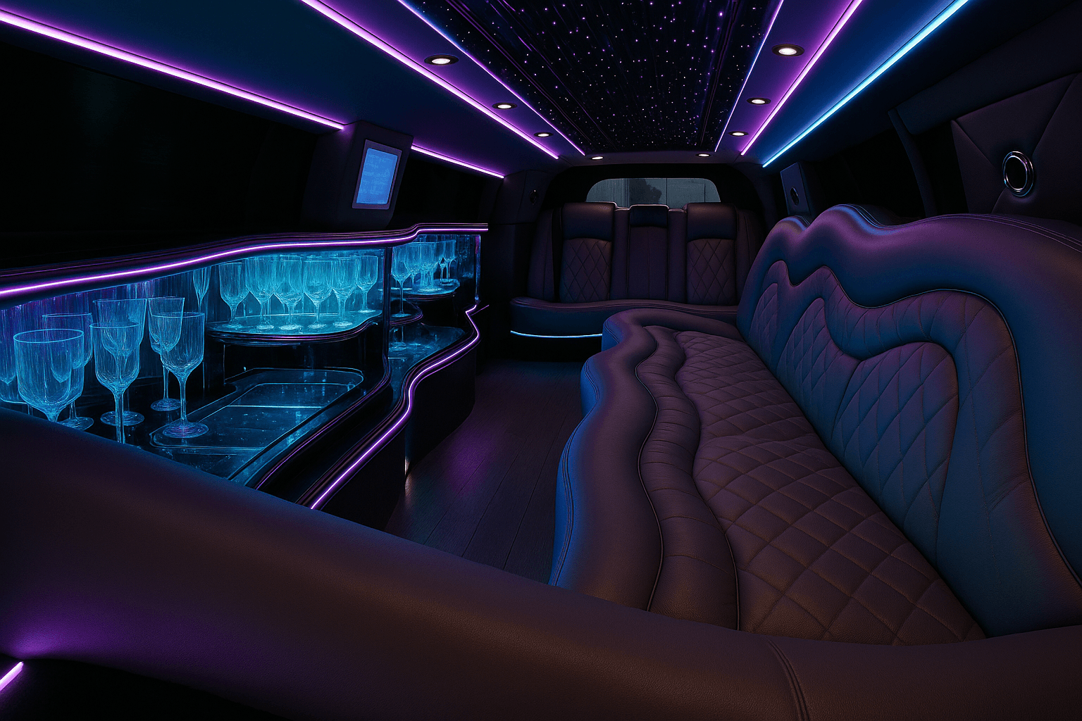 White 10 passenger limo interior ready for a Hurst prom group
