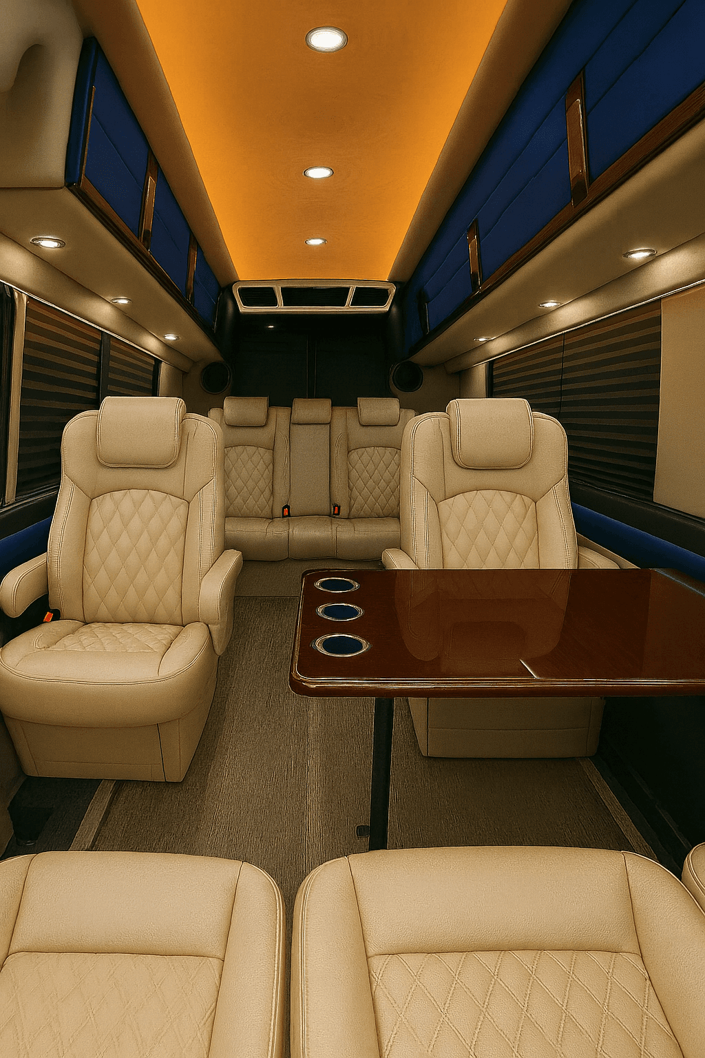 Forward facing leather seats inside a 12 passenger executive Sprinter van