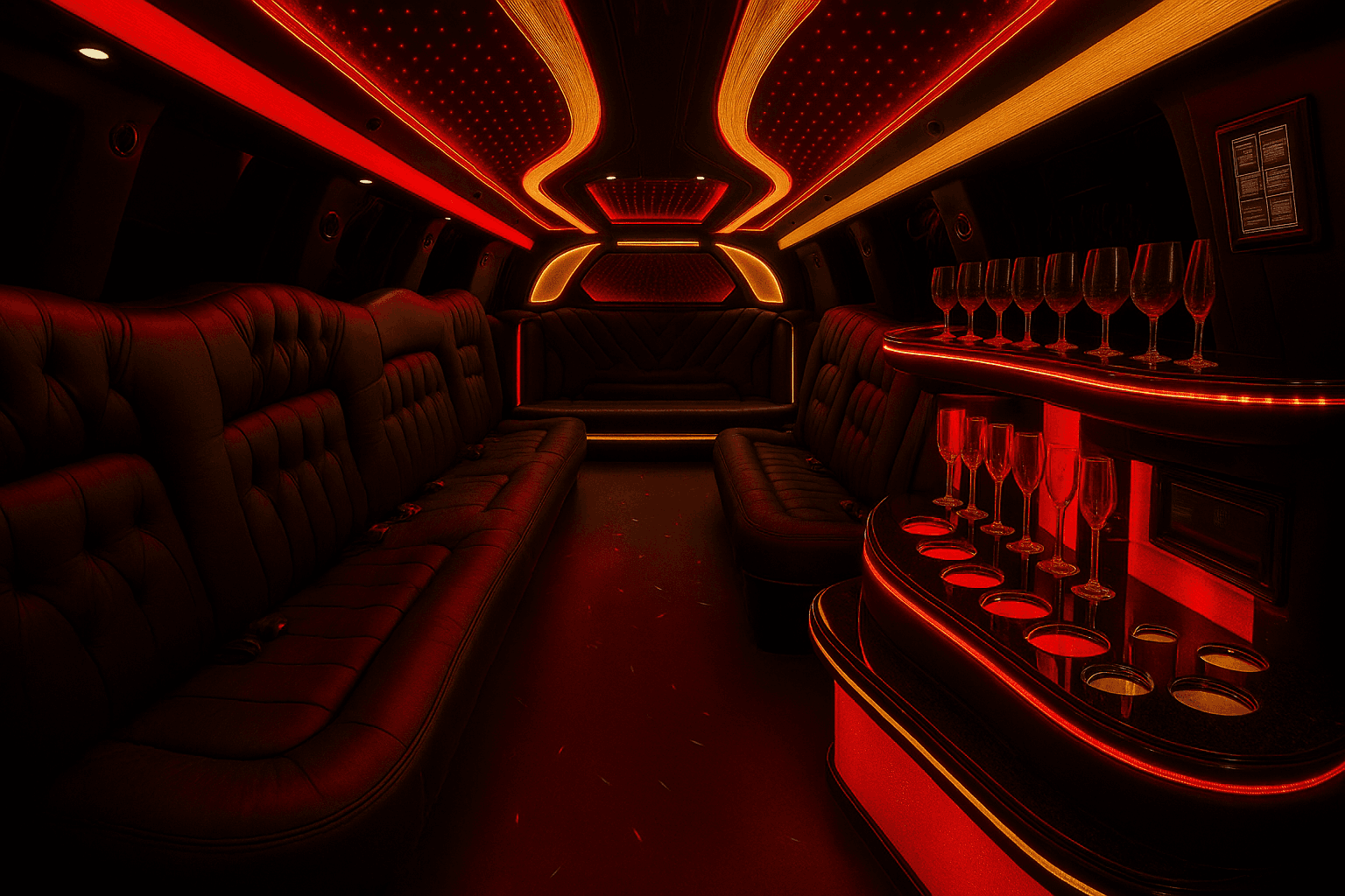 Long side bench with accent lighting inside the 12-passenger stretch limousine cabin