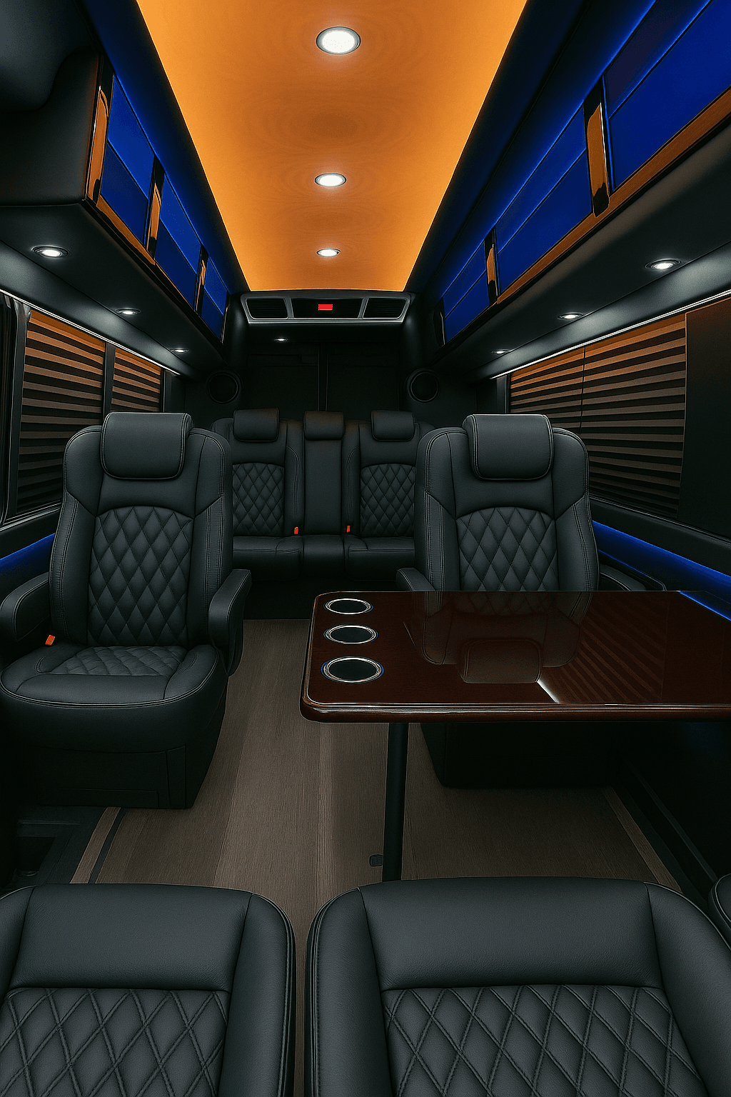 Individual captain chairs inside a 14 passenger executive Sprinter van