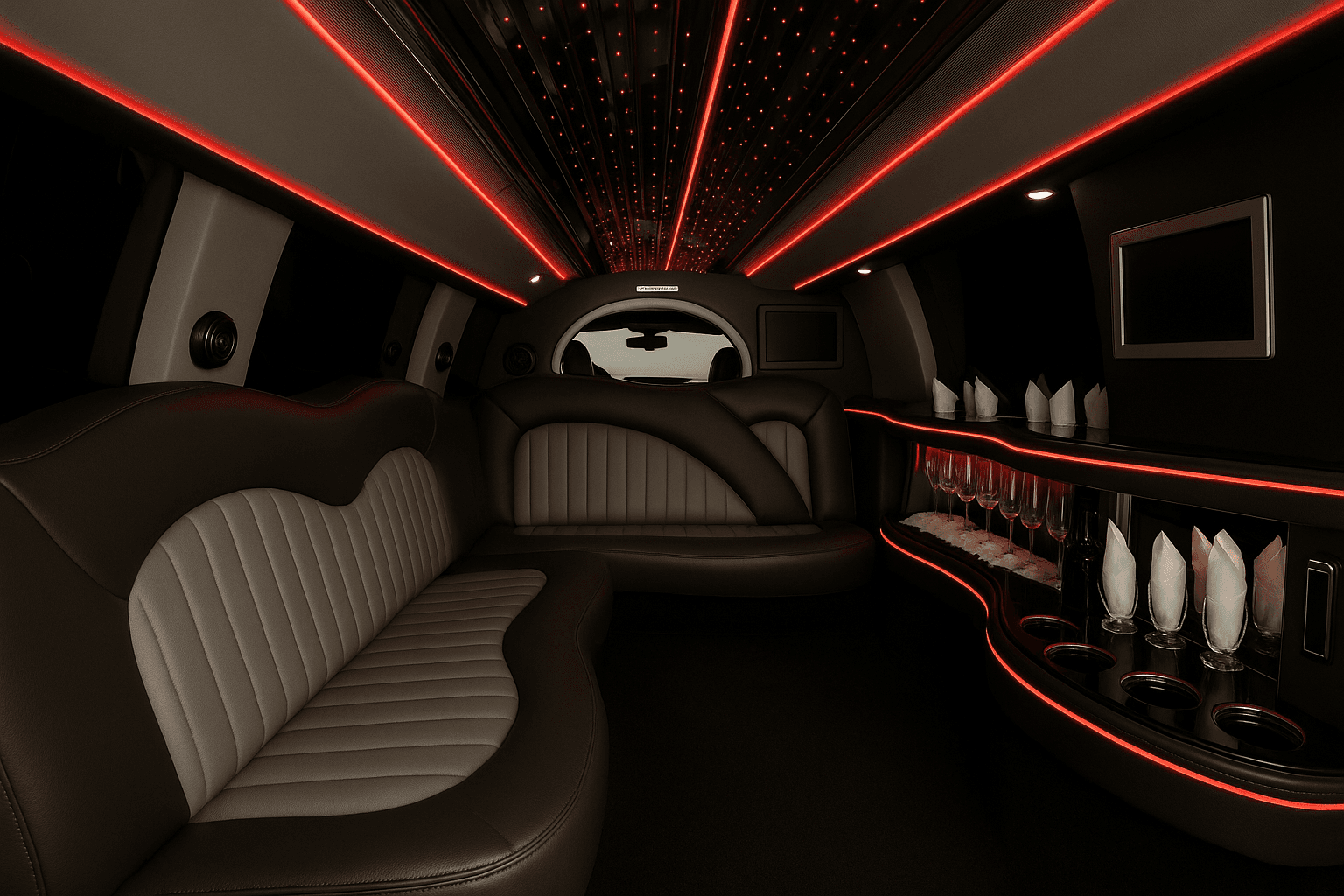Full-length leather seating and ceiling accent lights inside the 14-passenger stretch limo