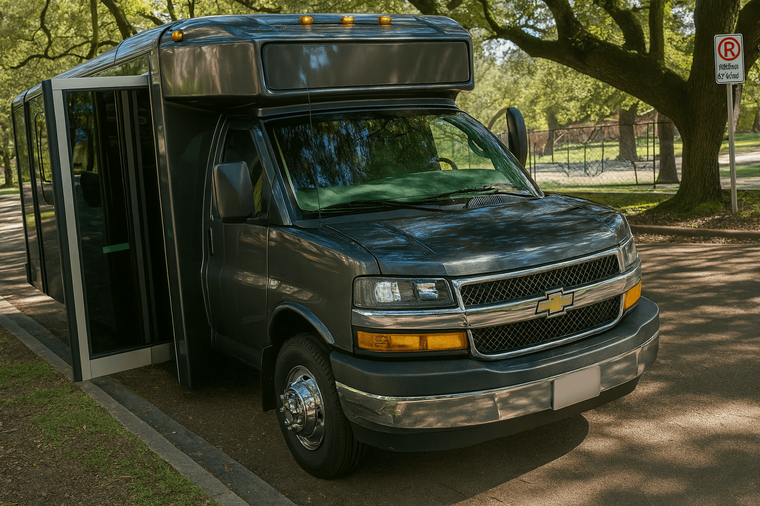 16 passenger party bus parked for an Addison dinner crawl on Belt Line Road