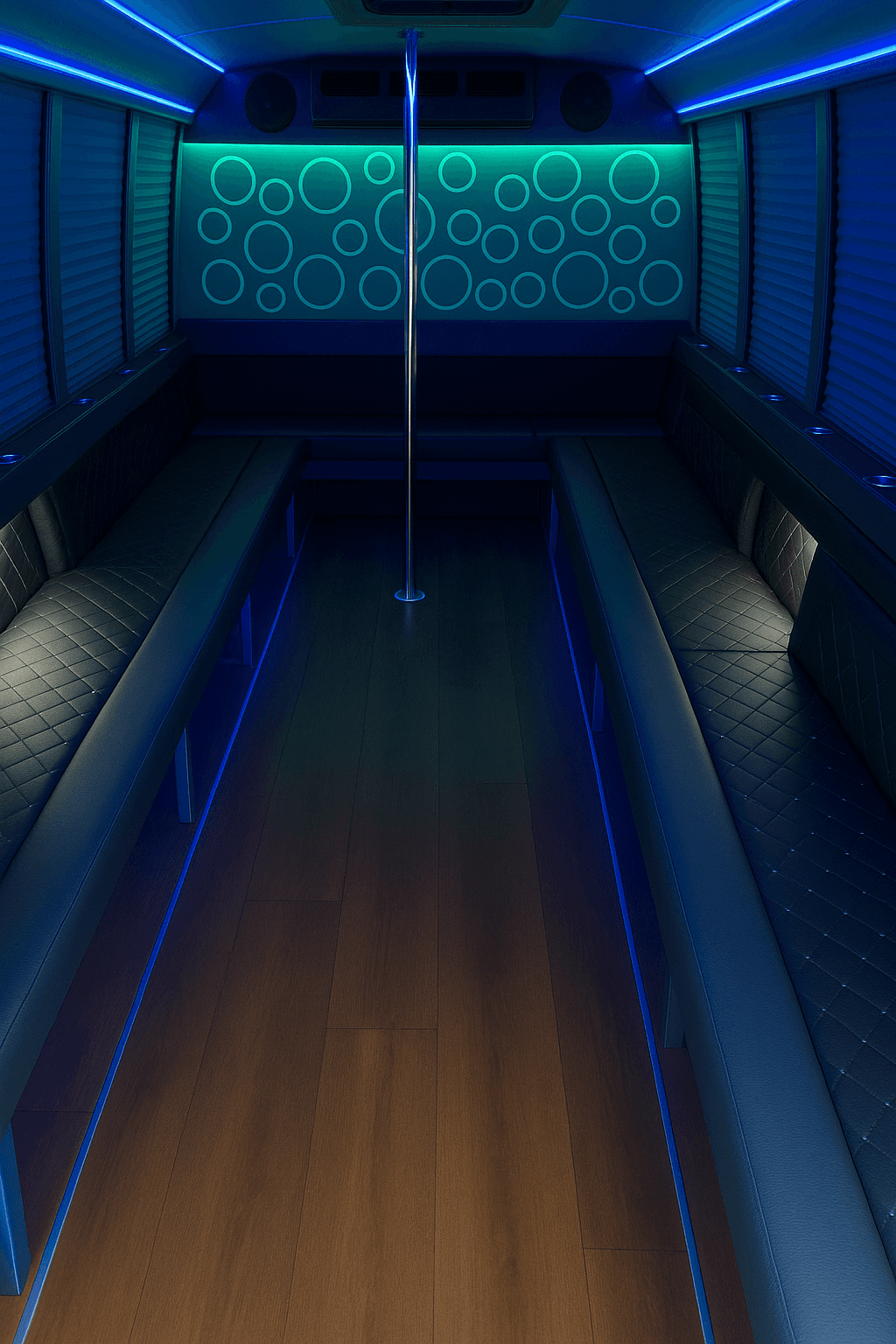 16 passenger party bus interior with side seating for a Celina birthday ride