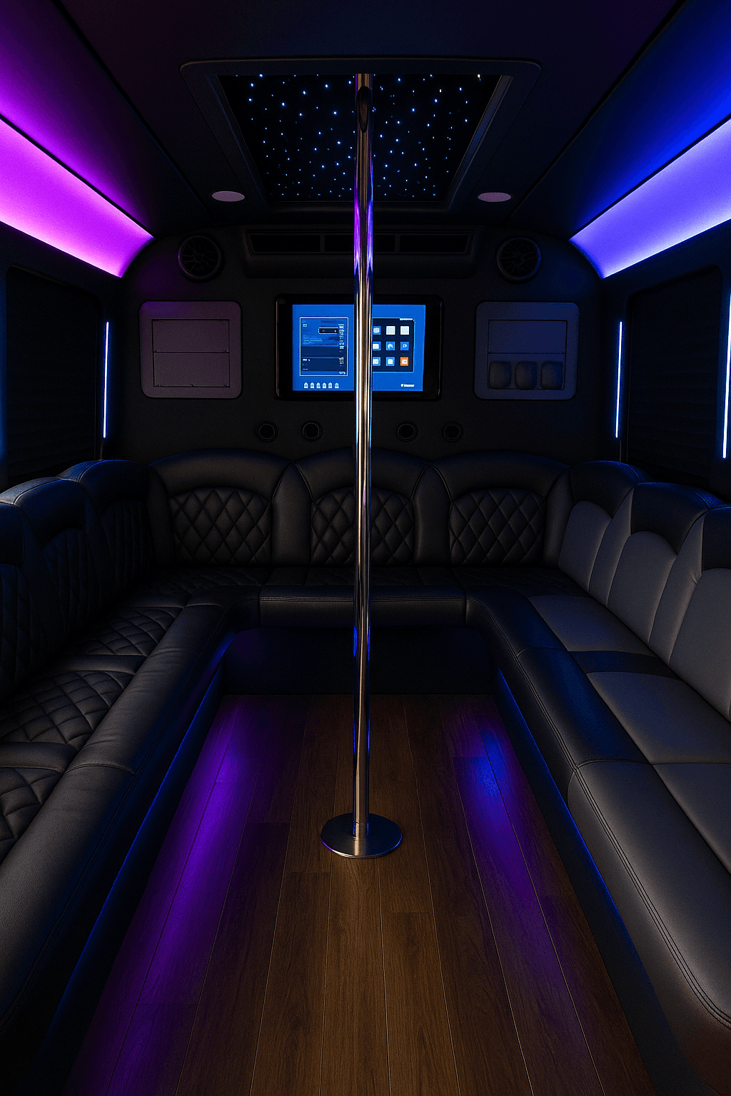 Bench seating and a lit bar inside an 18 passenger party bus before a night out