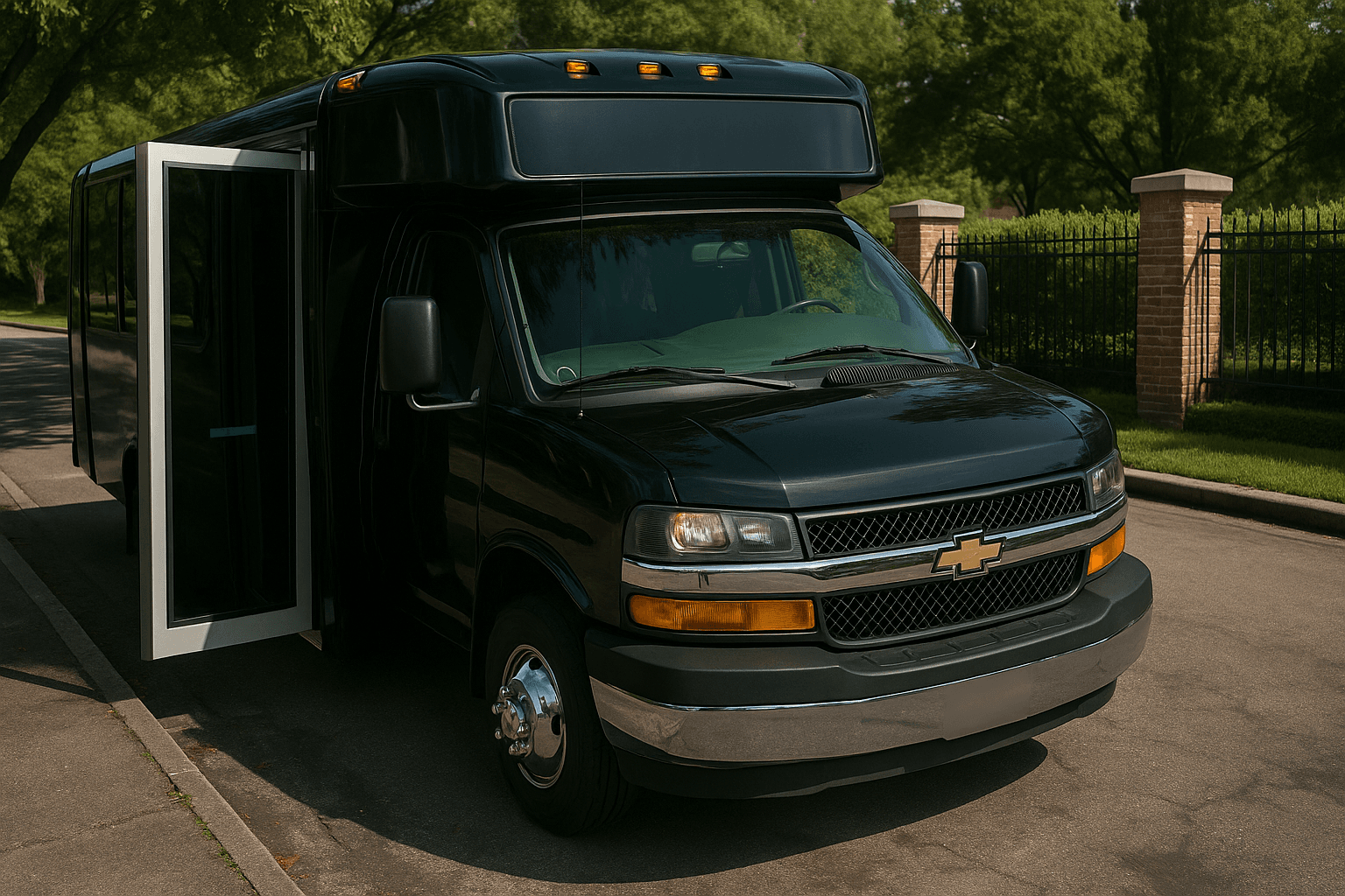 Exterior of a 20 passenger party bus ready for a weekend group booking