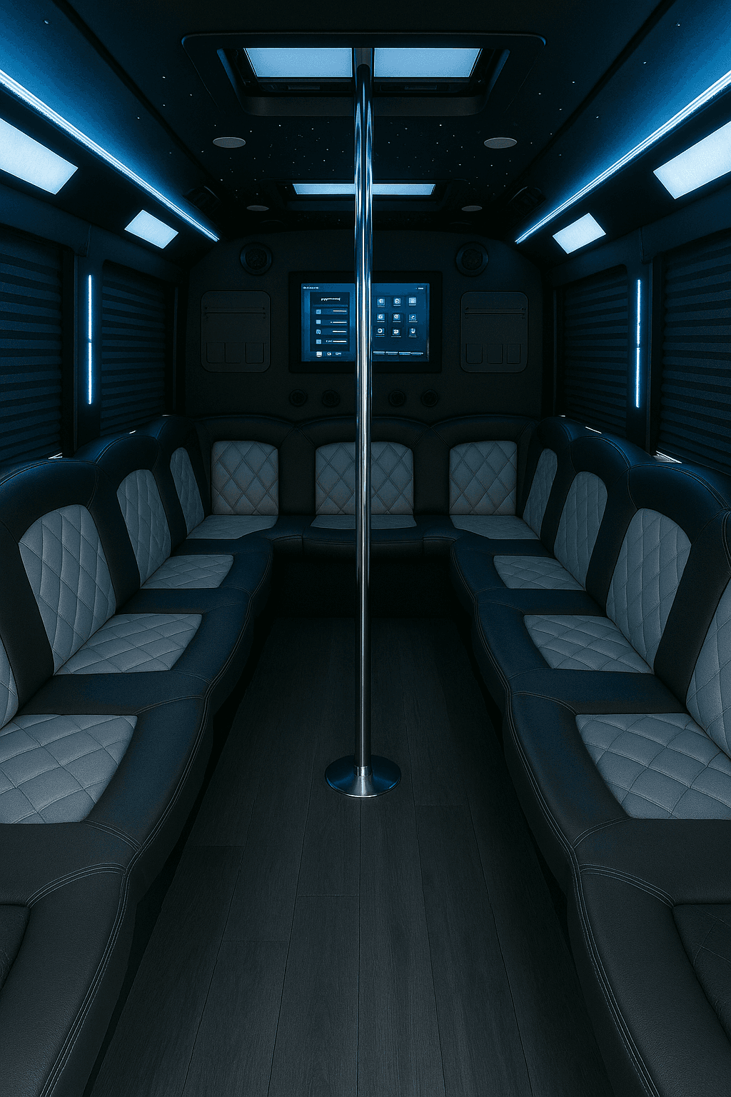 Interior of a 22 passenger party bus showing perimeter seating and an open floor