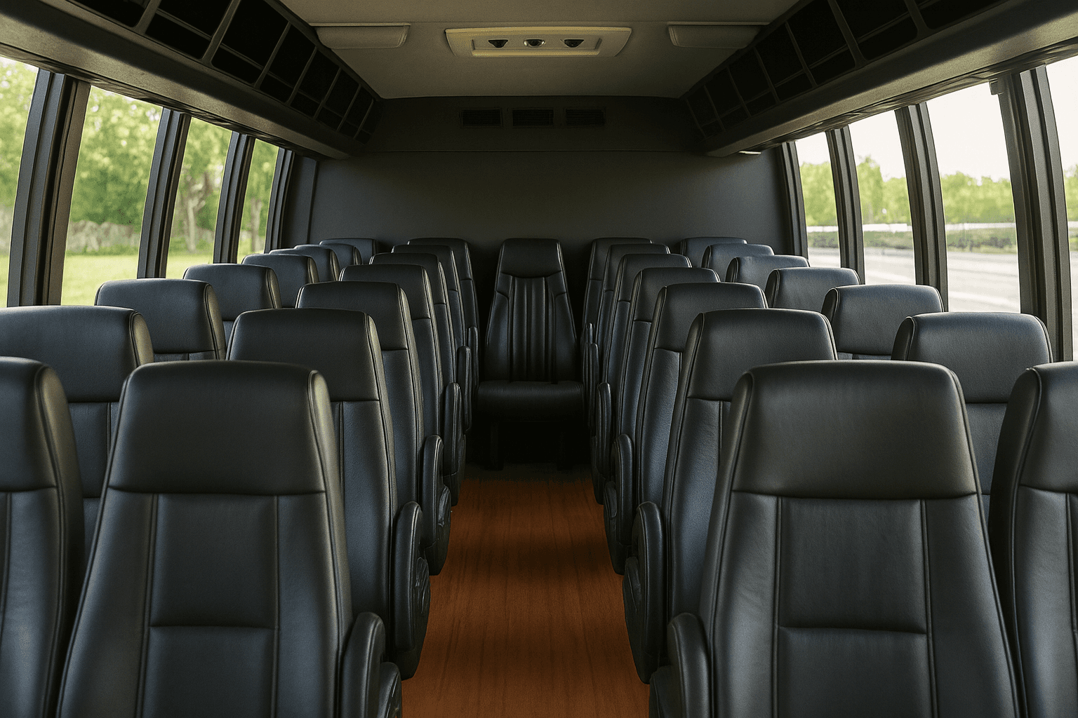 Aisle and high back seating inside a 24 passenger mini coach