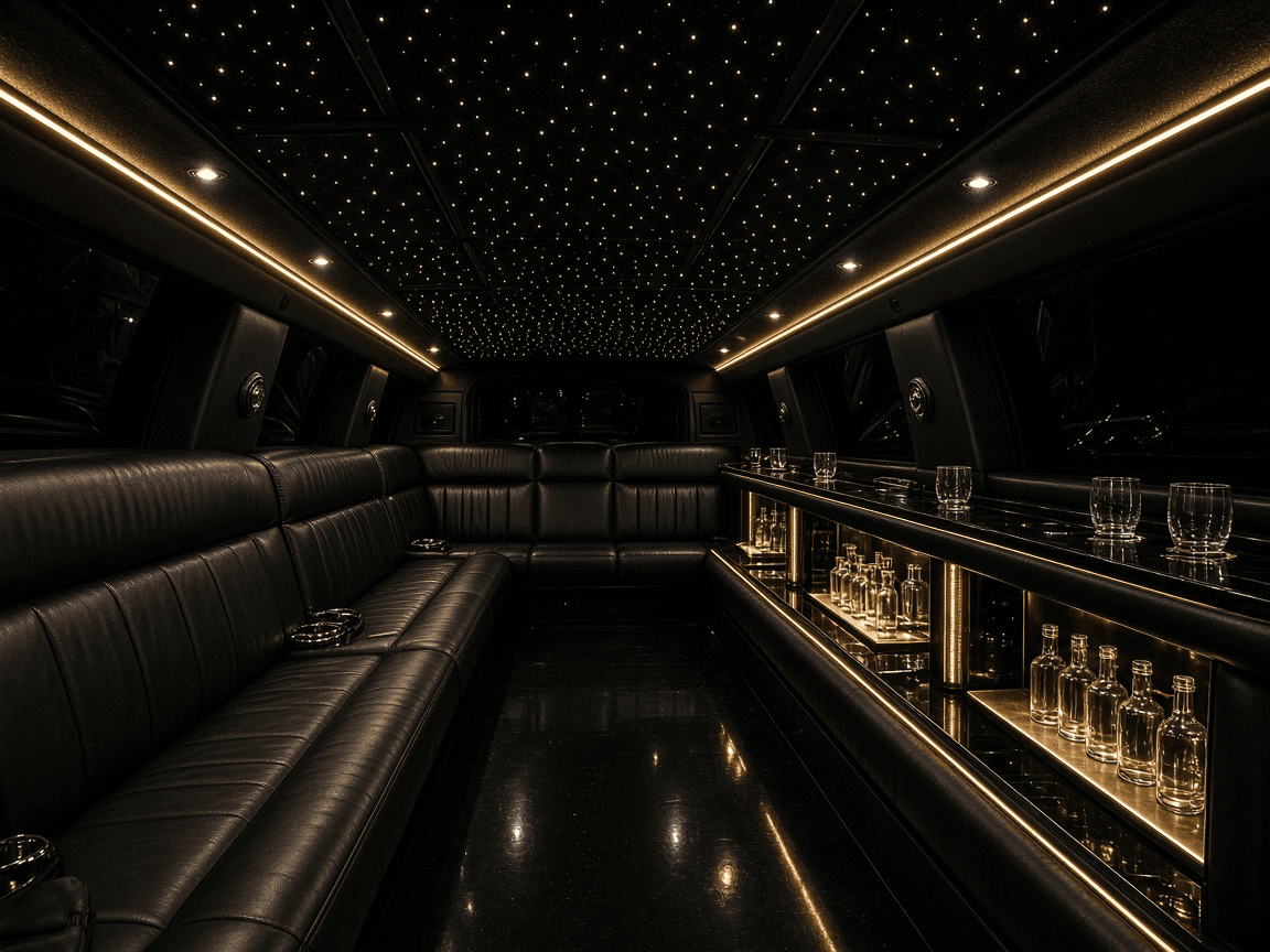 Perimeter leather seating and a lit bar area inside a 24 passenger stretch limousine