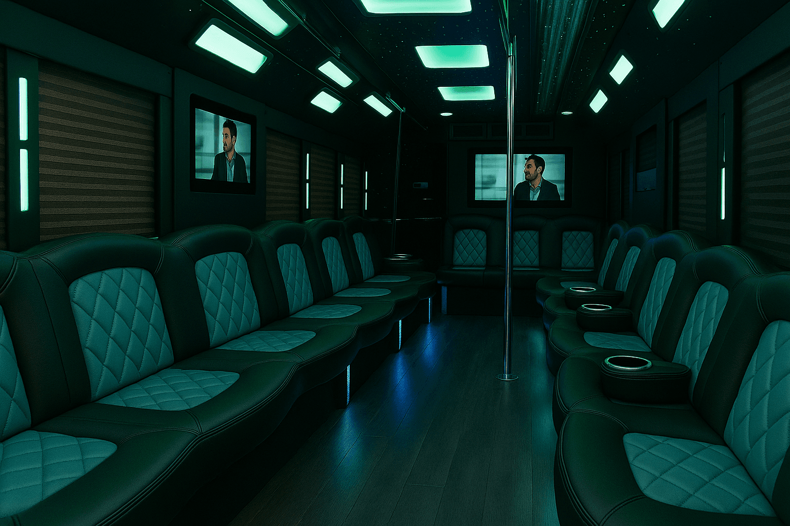 Seating and ceiling lighting inside a 24 passenger party bus before a booking