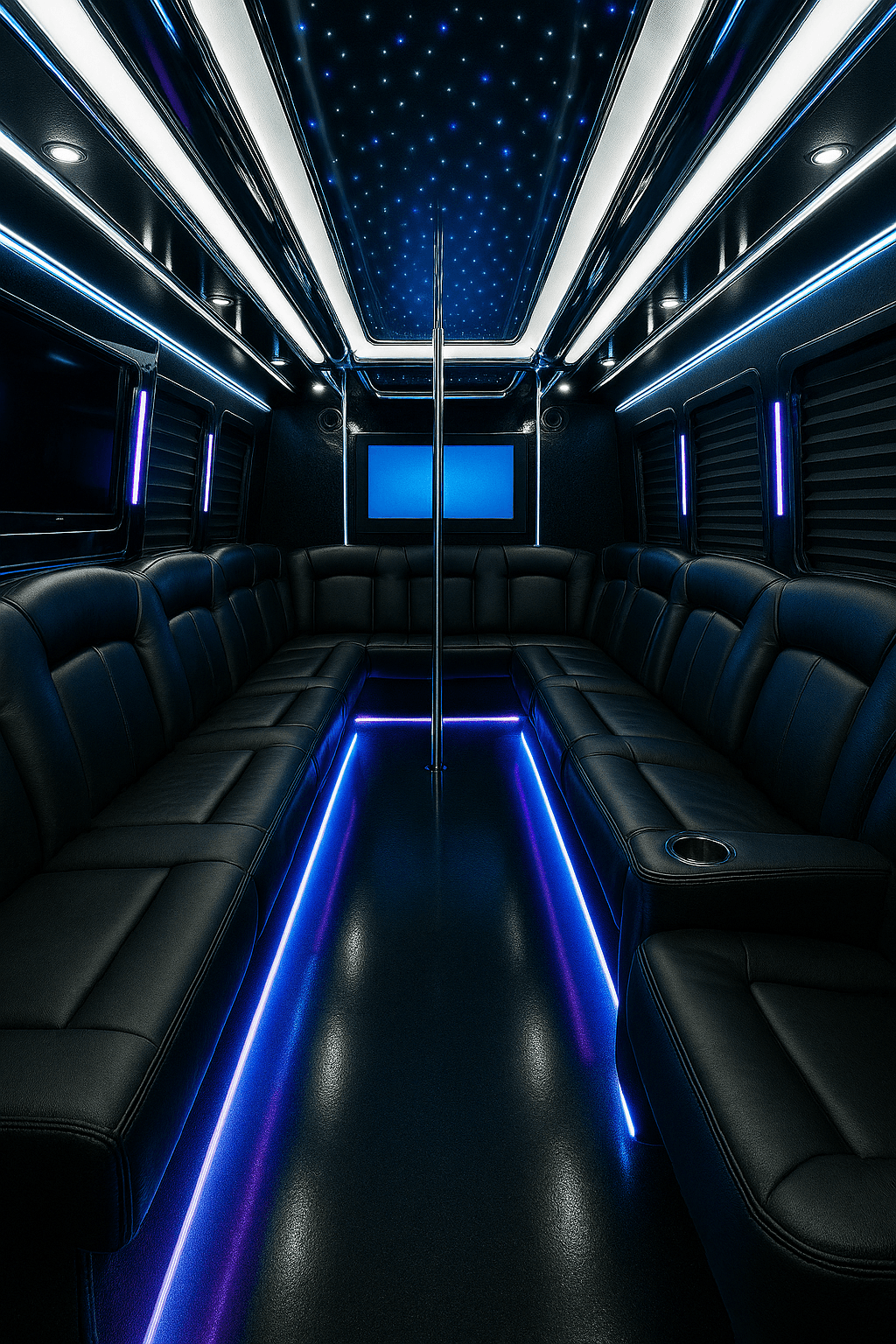 Interior of a 26 passenger party bus with seating along both walls