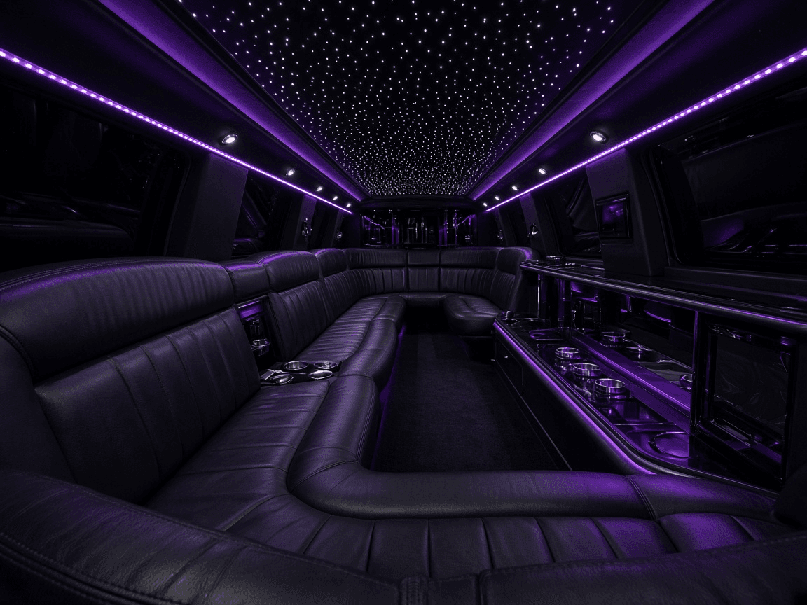 Leather bench seating and accent lighting inside a 28 passenger stretch limousine