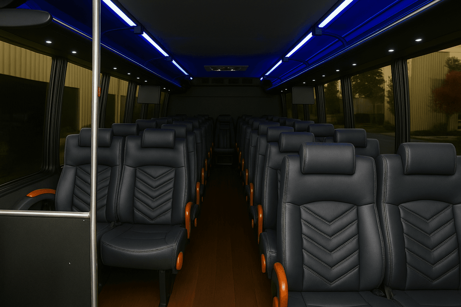 Interior of a 30 passenger coach bus with rows of reclining seats