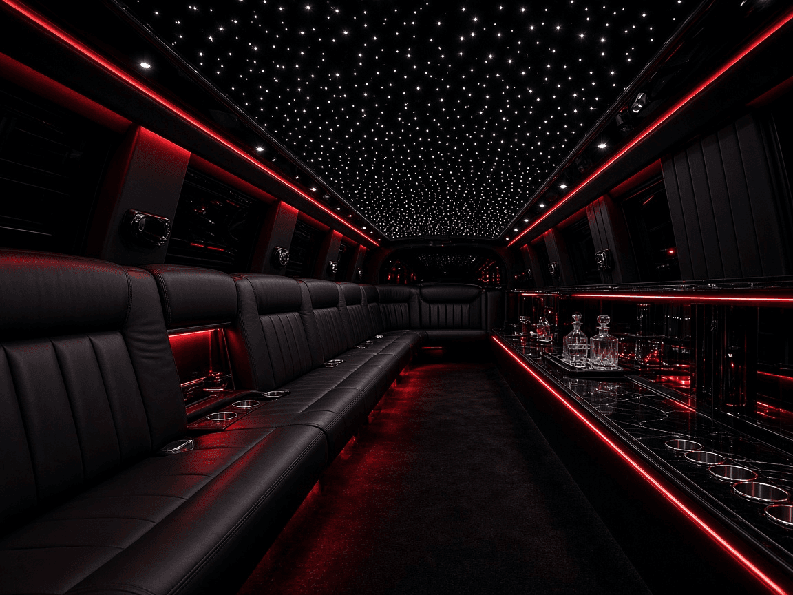 Leather benches and accent lighting inside a 30 passenger stretch limousine