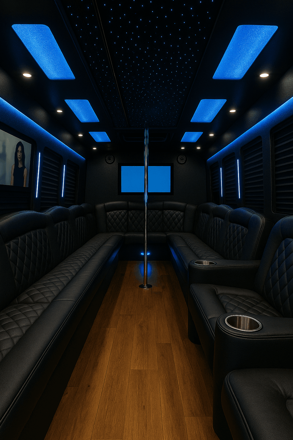 Wraparound leather seating inside a 30 passenger party bus with an LED ceiling