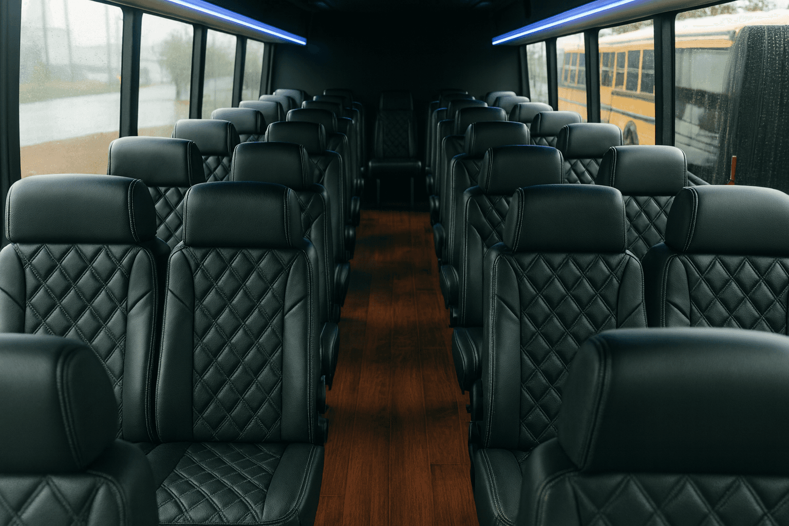 Interior rows of forward-facing reclining seats on a 32 passenger coach bus