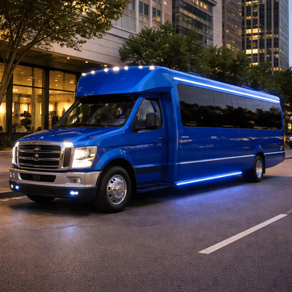 A 32 passenger party bus parked outside a Dallas event venue at dusk
