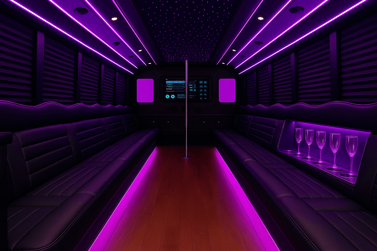 Interior of a 32 passenger party bus used for a Southlake Carroll prom group
