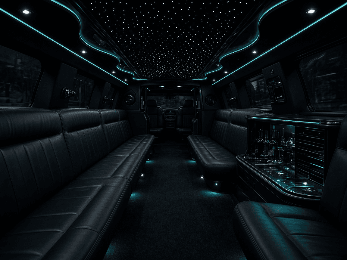 Starlight ceiling and leather benches inside a 34 passenger stretch limousine