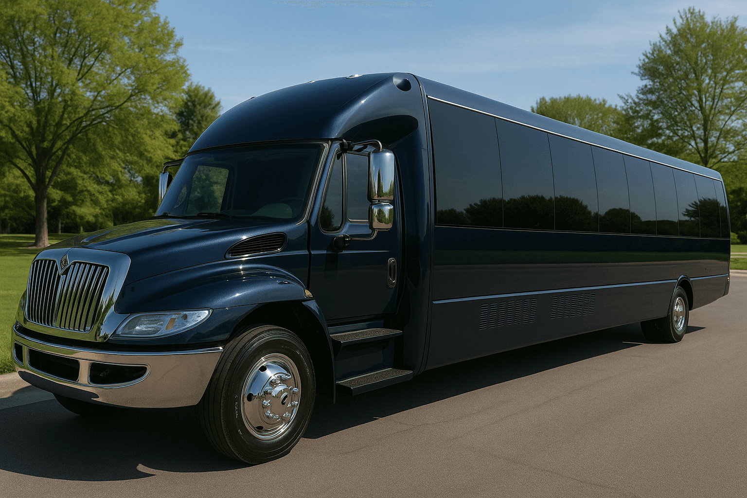 Exterior of a 34 passenger party bus for larger Dallas group bookings