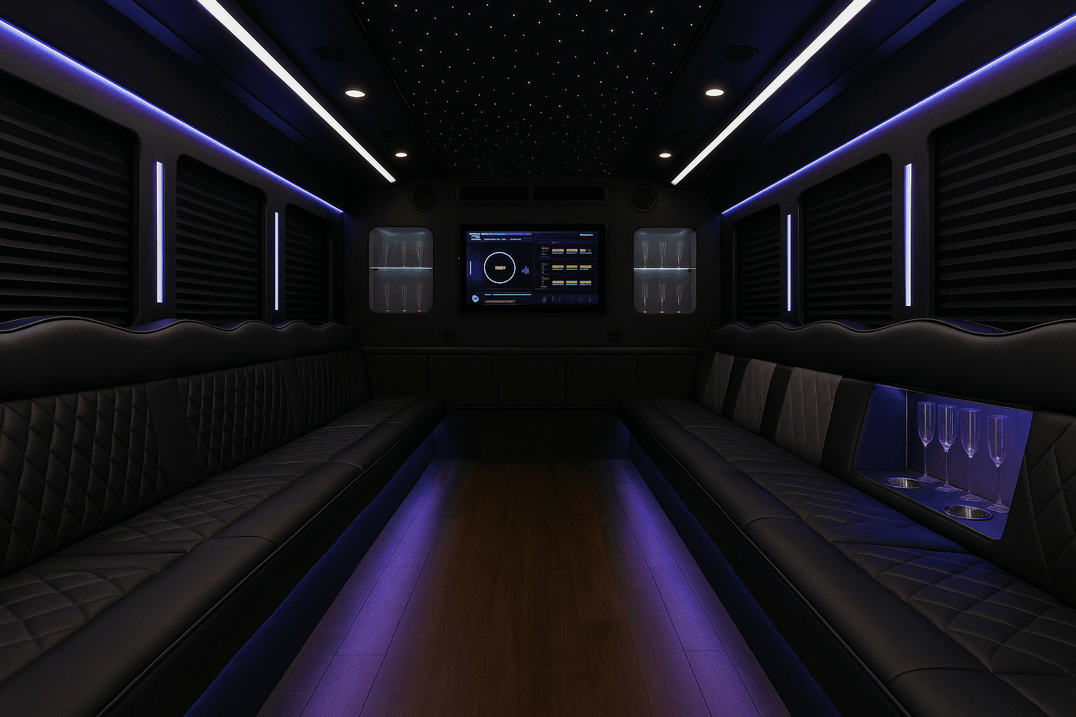 Wraparound seating, LED lighting and standing headroom inside a large party bus