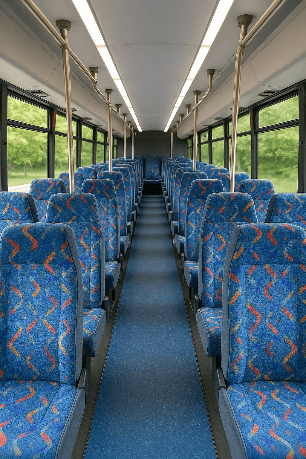 Rows of forward facing reclining seats inside a 36 passenger coach bus