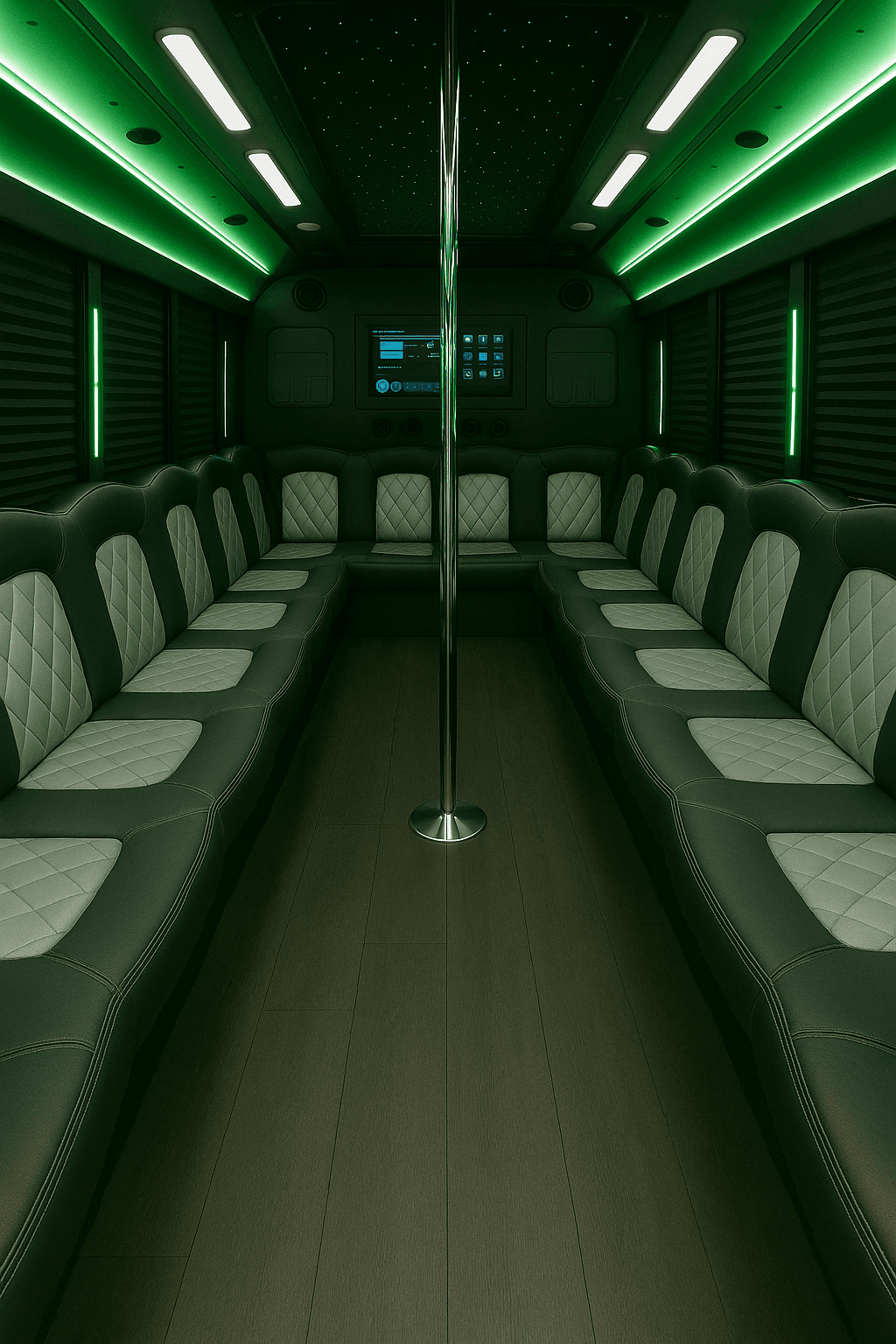 Interior of the 36 passenger party bus showing wraparound seating and LED lighting