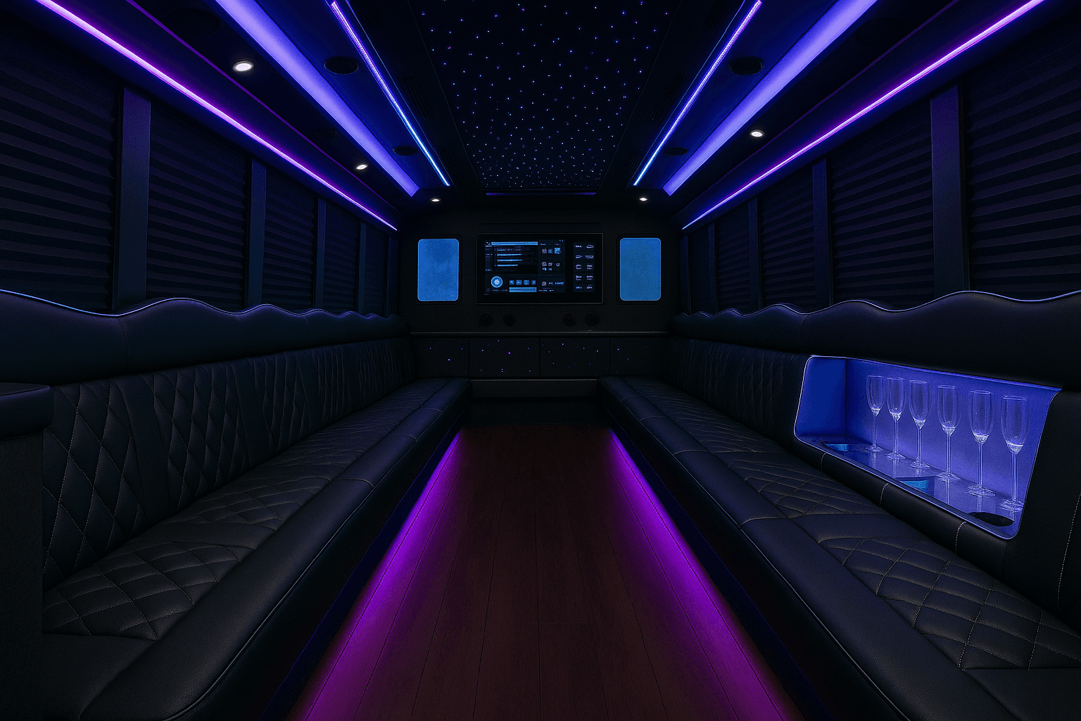Interior of a 38 passenger party bus for an Irving convention or concert group
