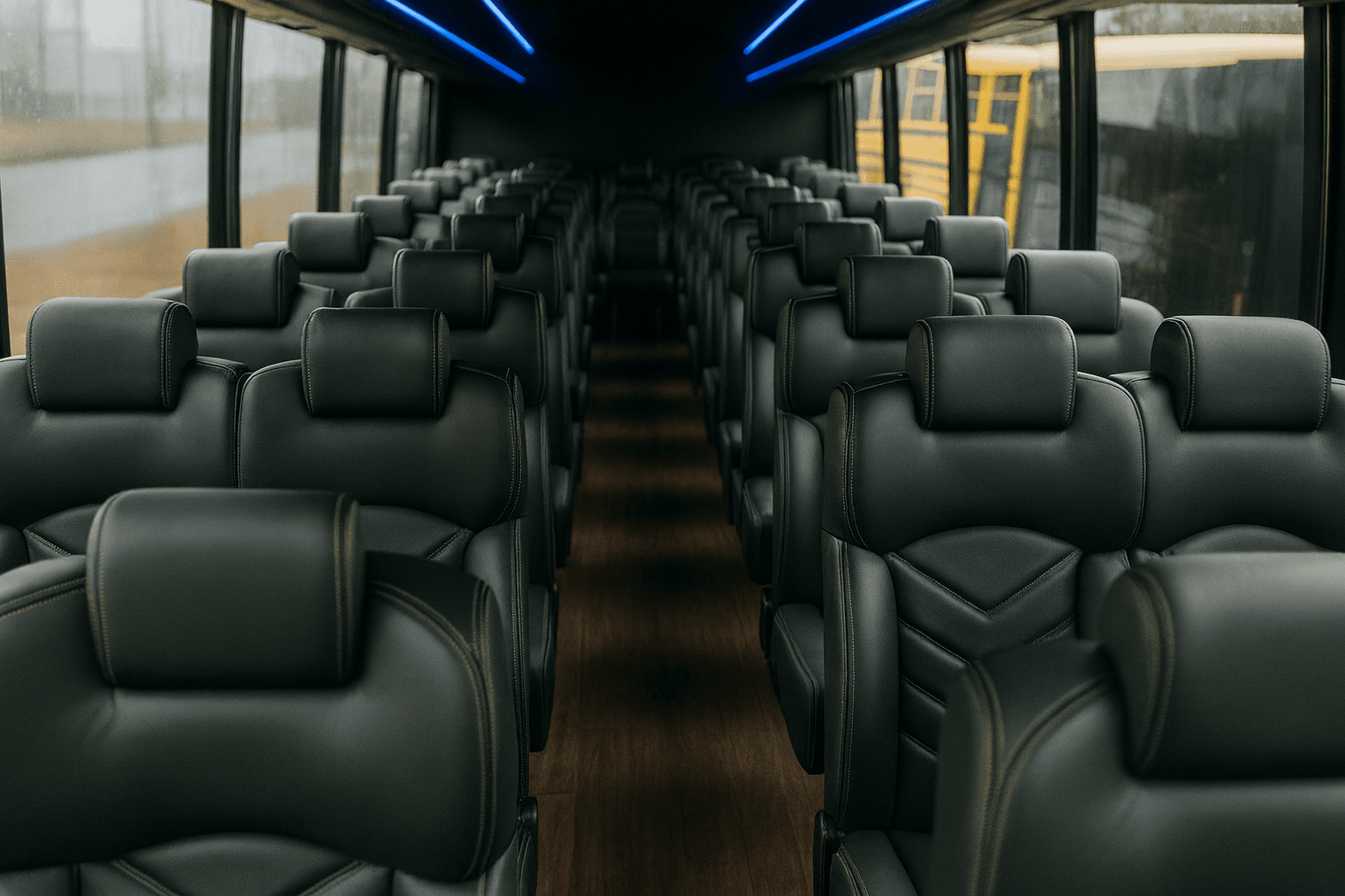 Rows of forward facing seats inside a 40 passenger coach bus