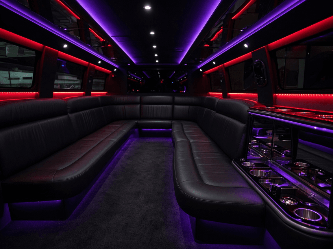 Long lounge interior of a 40 passenger party bus for Terrell church and reunion groups