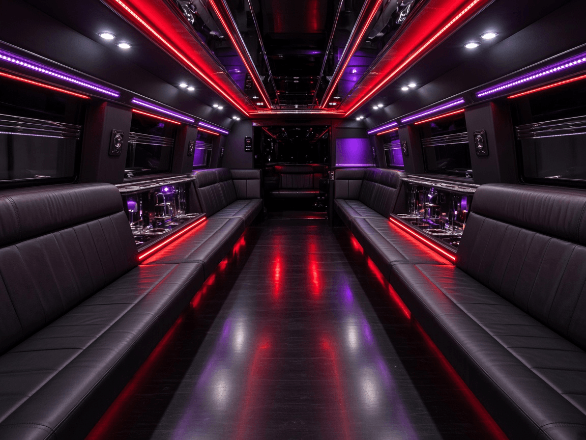 Interior of a 42 passenger party bus with wraparound leather benches
