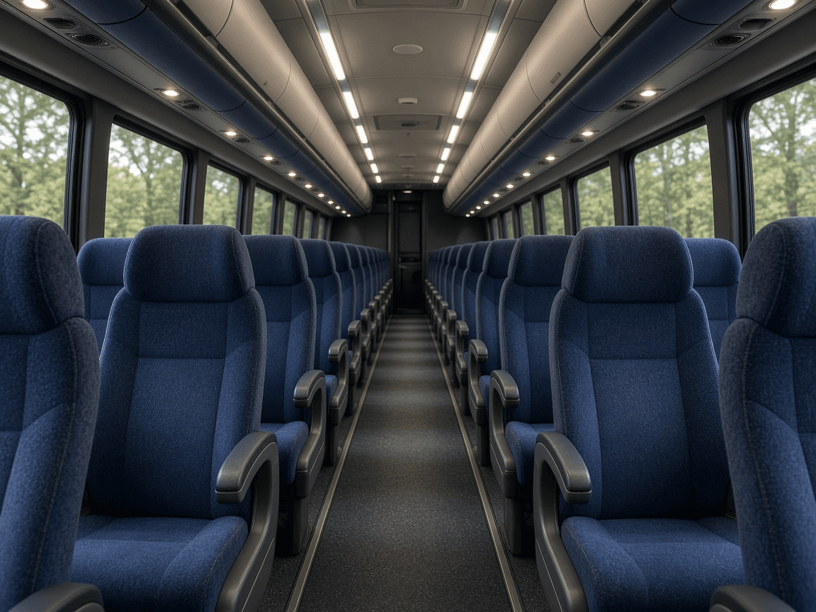 Interior of a 44 passenger coach bus with forward facing reclining seats