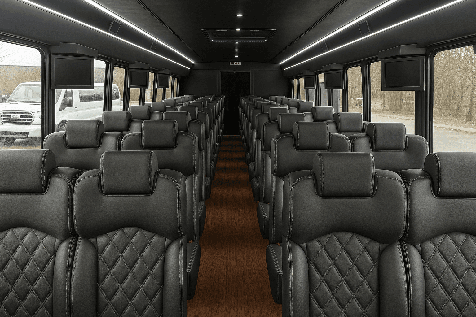 Reclining seats and overhead racks inside a 46 passenger charter coach