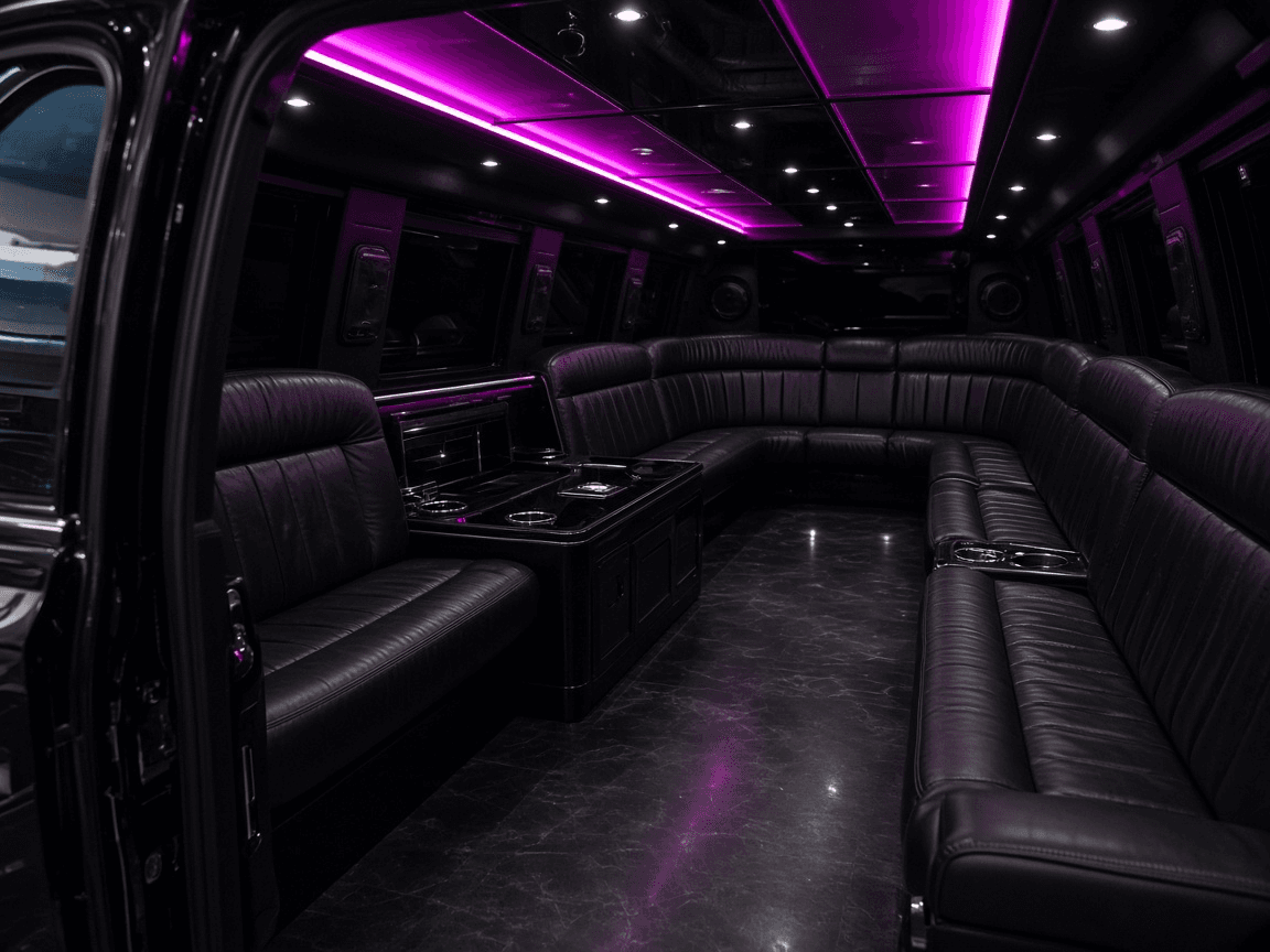 Interior of a 46 passenger party bus with magenta cabin lighting