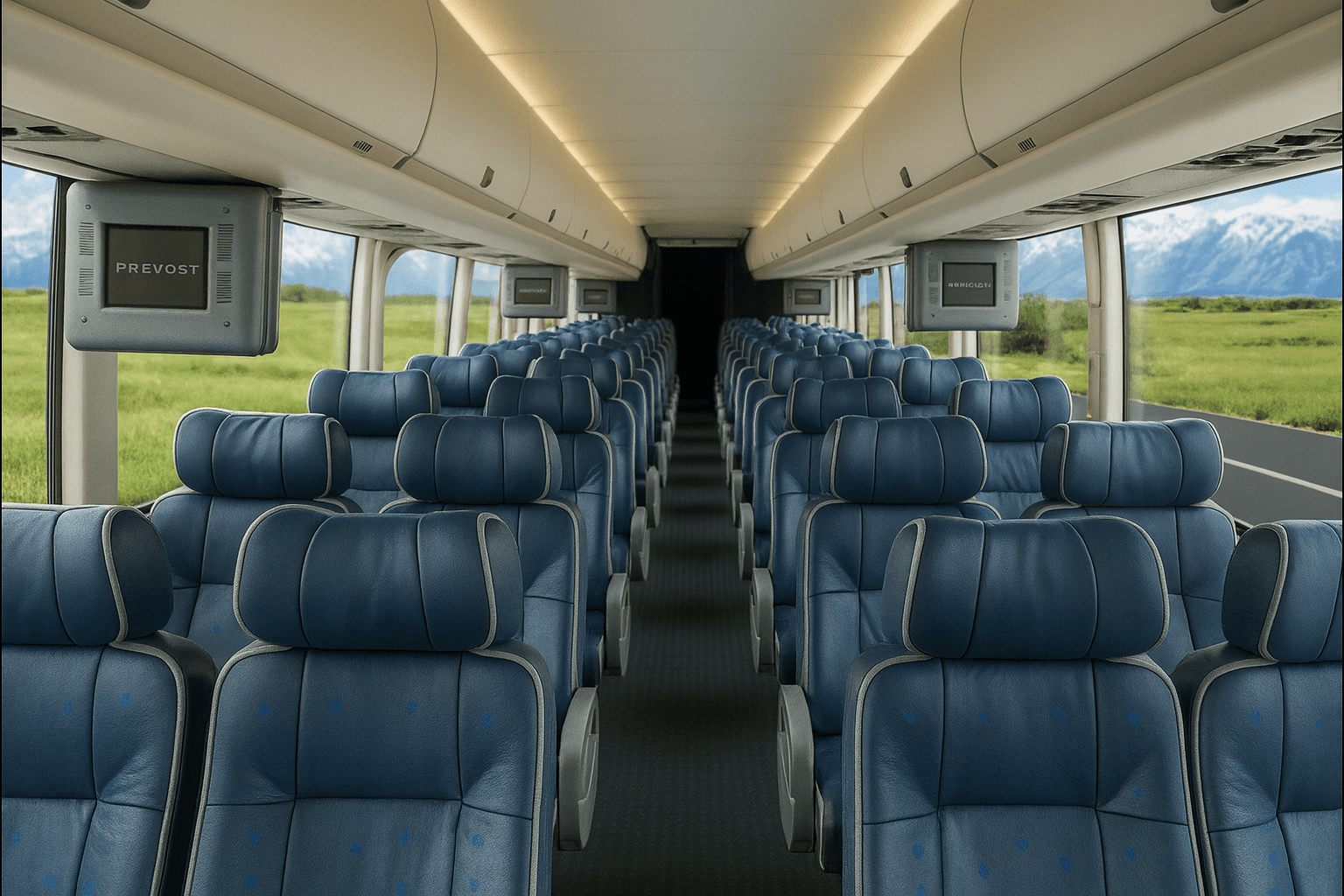 Rows of forward-facing reclining seats inside a 48 passenger coach bus