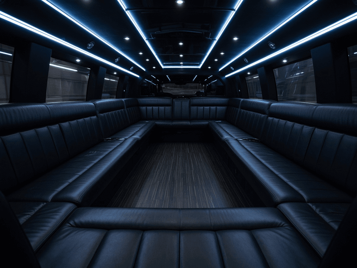Perimeter bench seating and cool LED lighting inside a 48 passenger party bus