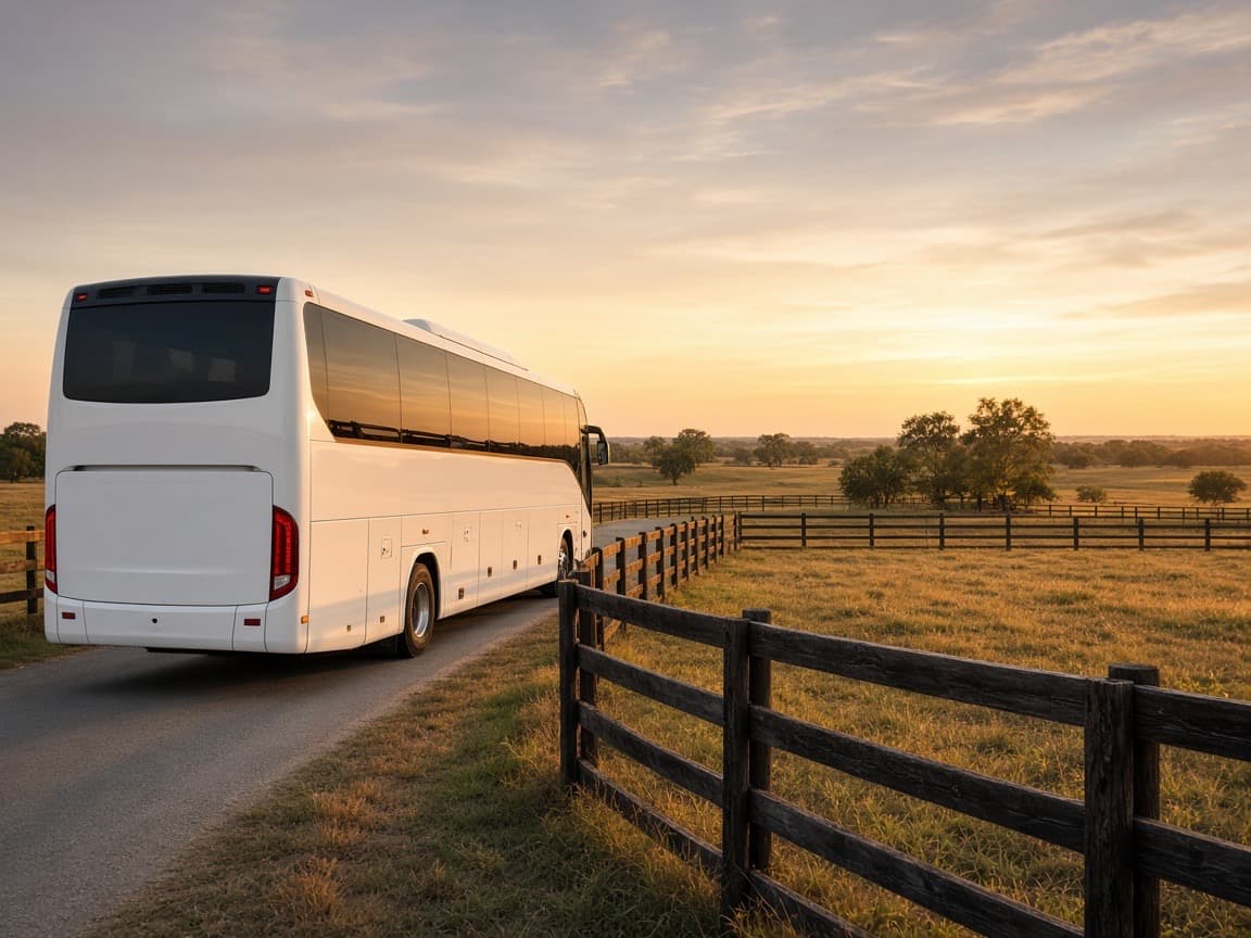 Party bus waiting at an Aubrey country pickup before a long evening run